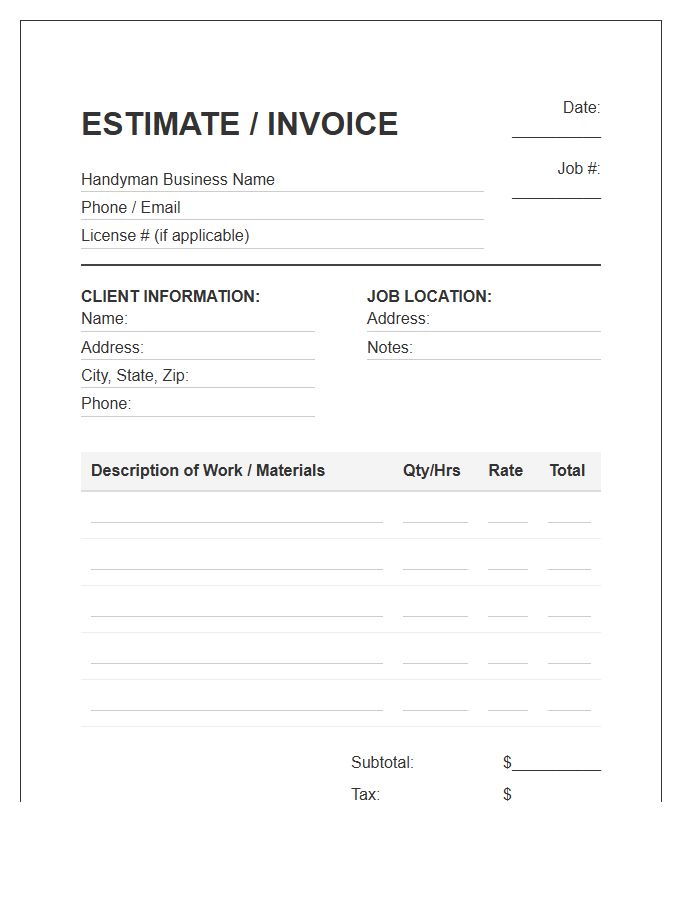 Residential Handyman Repair Estimate Invoice Template