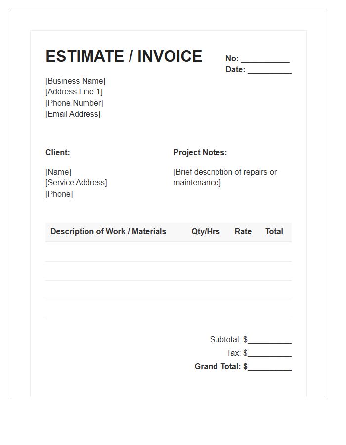 Small Business Handyman Estimate Invoice Template