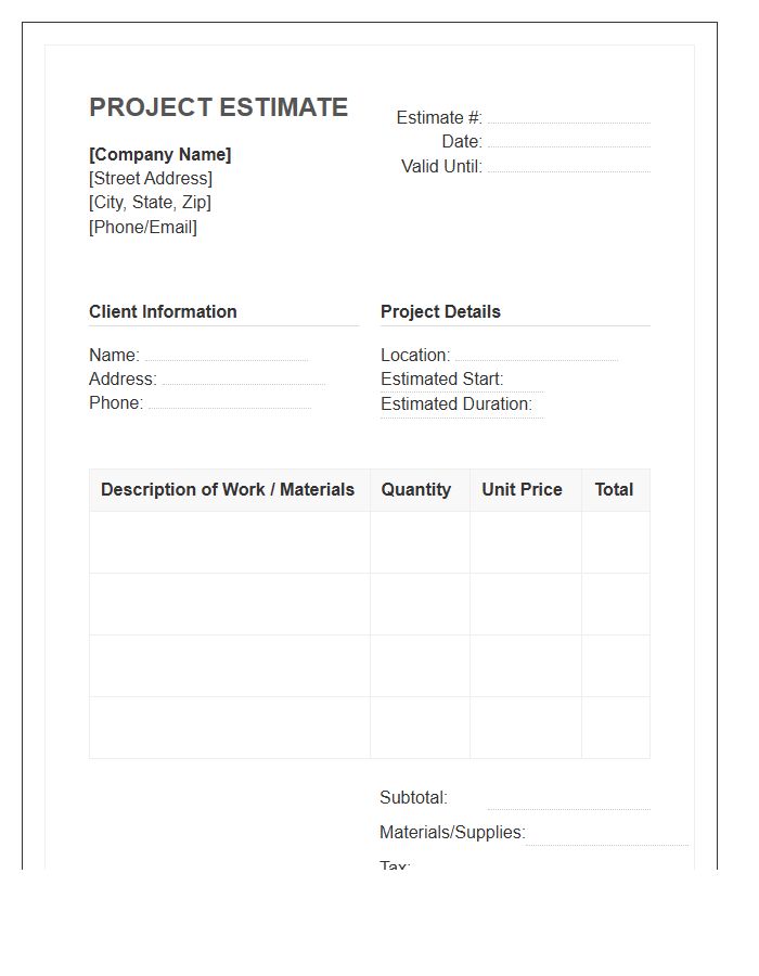 Standard Handyman Project Estimate Invoice Template