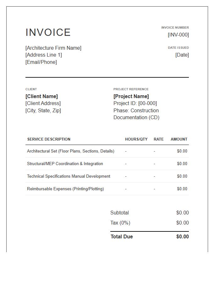 Architectural Construction Documentation Invoice Template