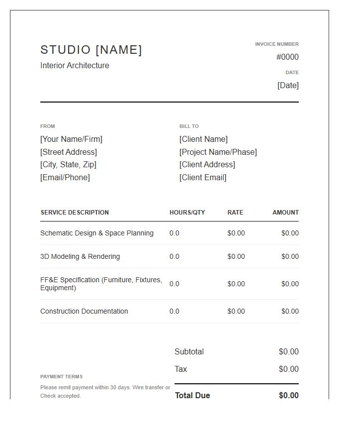 Interior Architectural Design Invoice Template