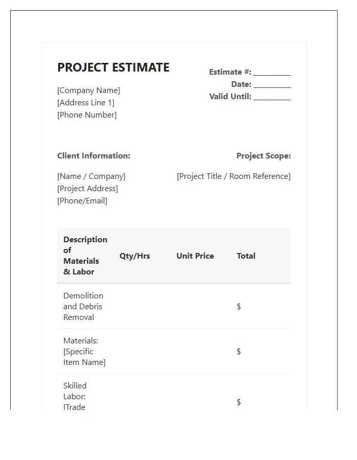 Renovation Project Estimate Invoice Template