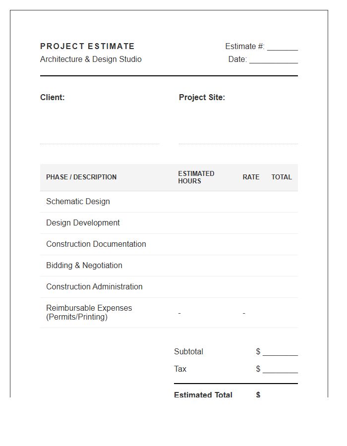 Residential Architecture Project Estimate Invoice Template