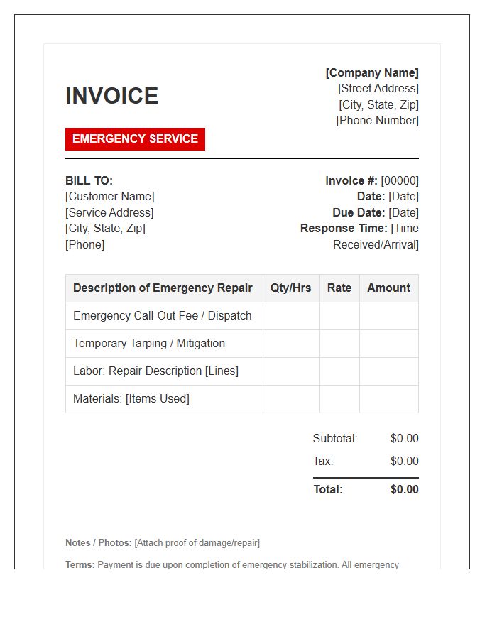 Emergency Roof Repair Invoice Template