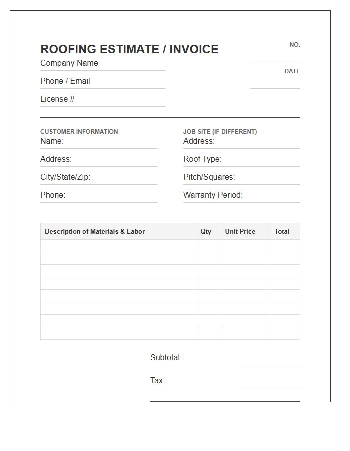 Roofing Contractor Estimate Invoice Template