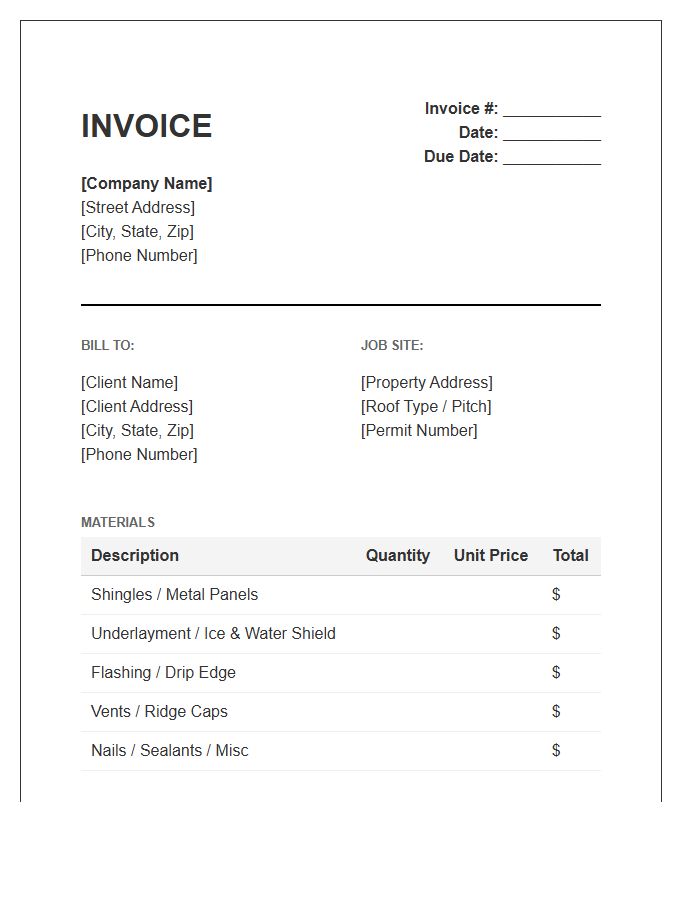 Roofing Material And Labor Invoice Template