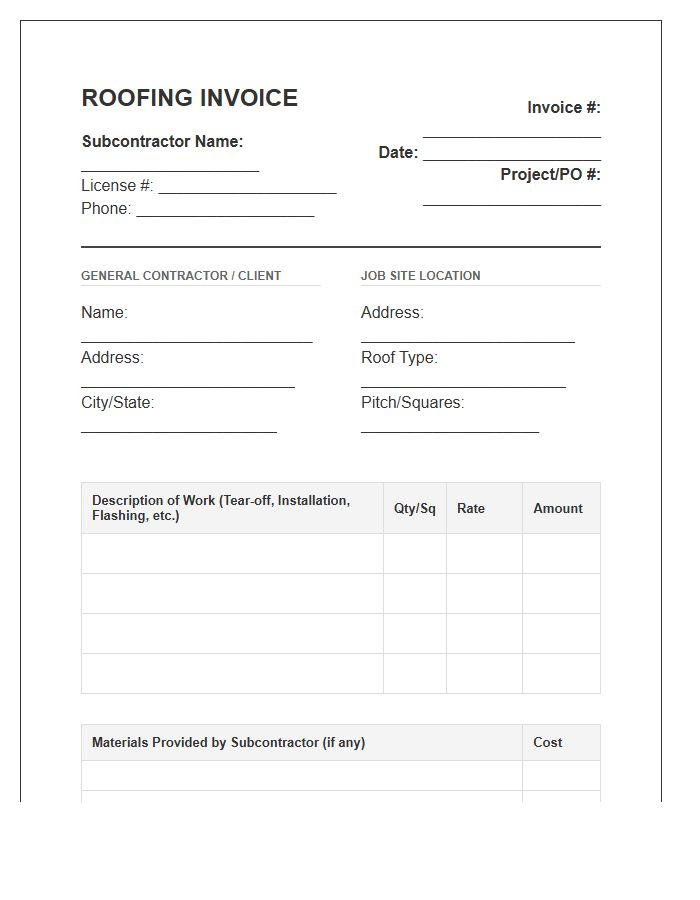 Roofing Subcontractor Work Invoice Template