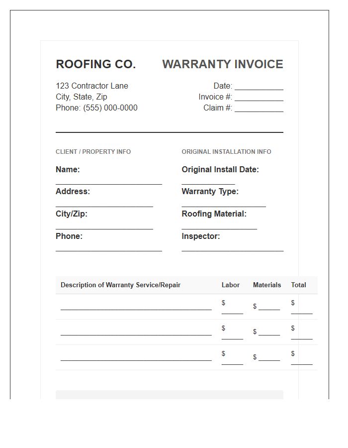 Roofing Warranty Service Invoice Template