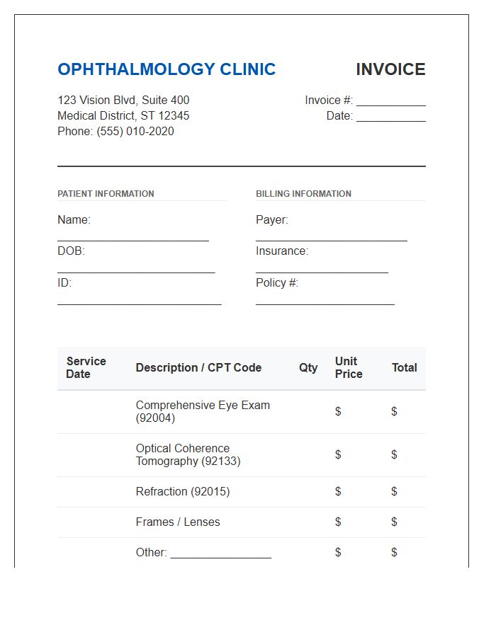 Ophthalmology Clinic Patient Invoice Template