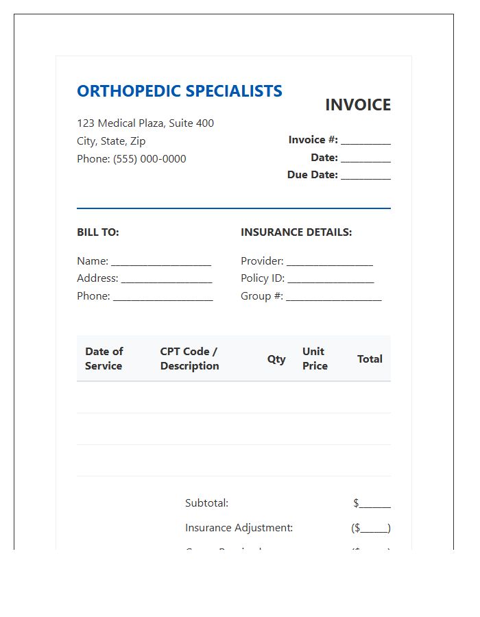 Orthopedic Clinic Billing Invoice Template