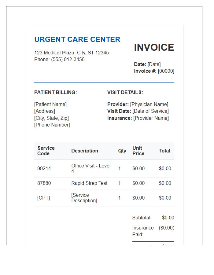 Urgent Care Patient Invoice Template