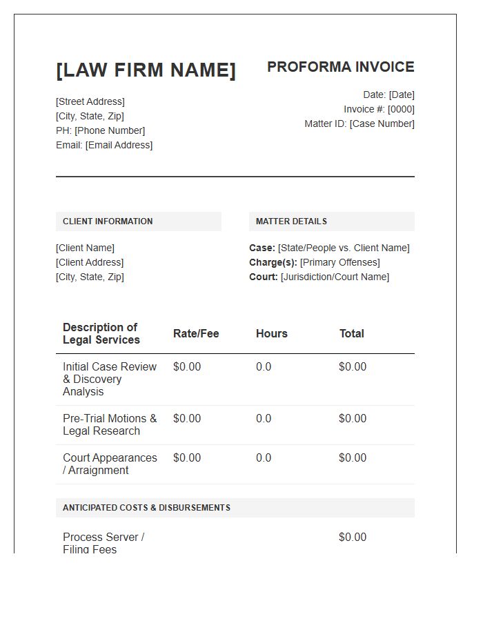 Criminal Defense Legal Proforma Invoice Template