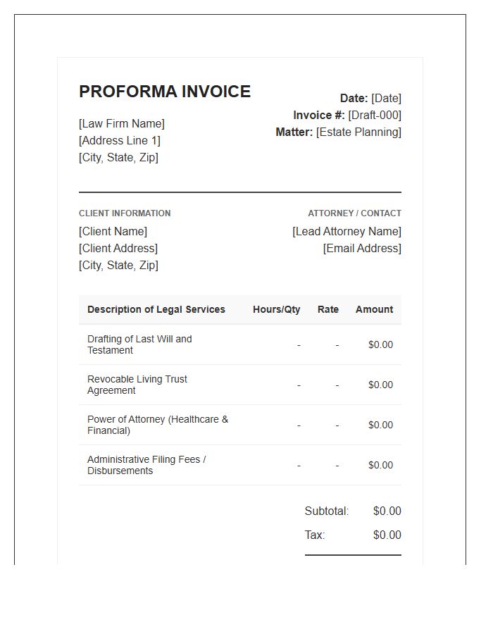 Estate Planning Legal Proforma Invoice Template