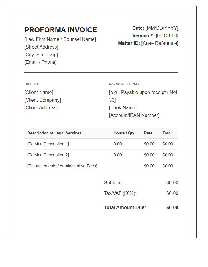General Legal Counsel Proforma Invoice Template