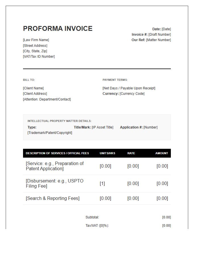 Intellectual Property Legal Proforma Invoice Template