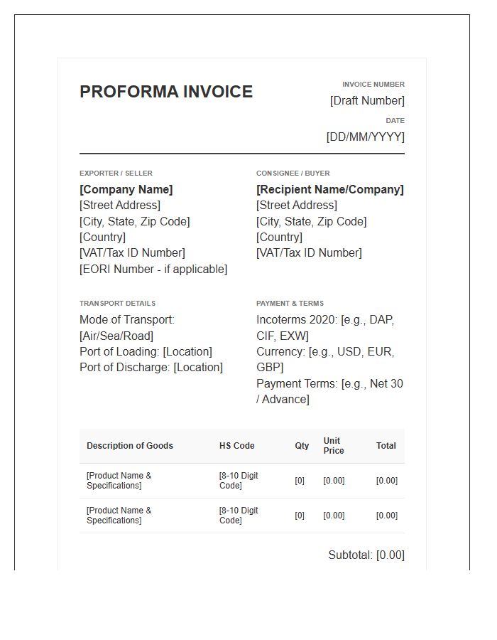 International Law Proforma Invoice Template