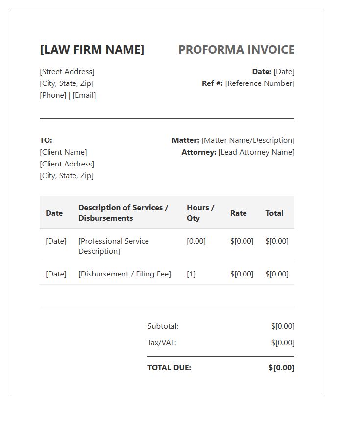 Law Firm Proforma Invoice Template