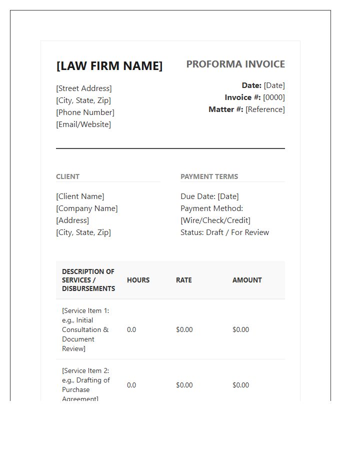 Professional Attorney Proforma Invoice Template
