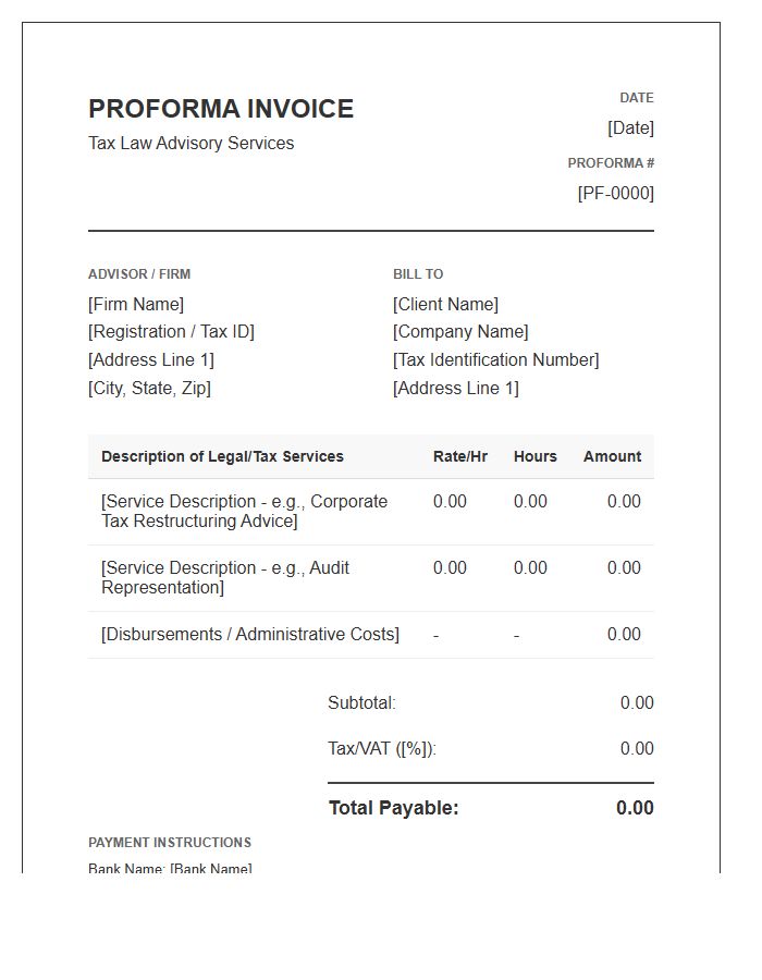Tax Law Advisory Proforma Invoice Template