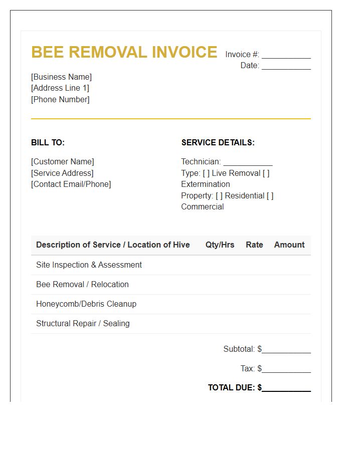 Bee Removal Service Invoice Template