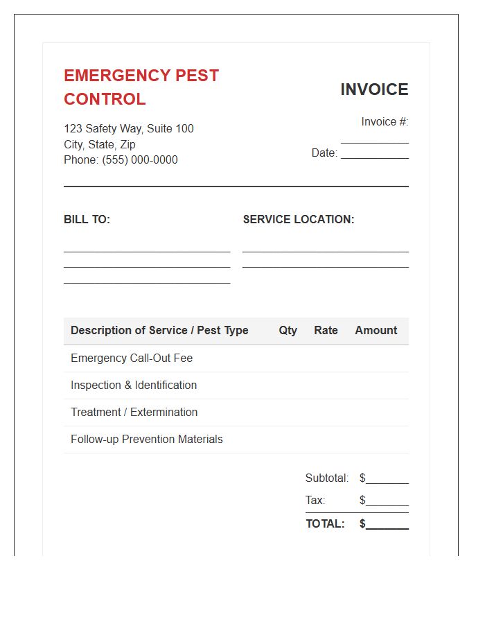 Emergency Pest Control Service Invoice Template