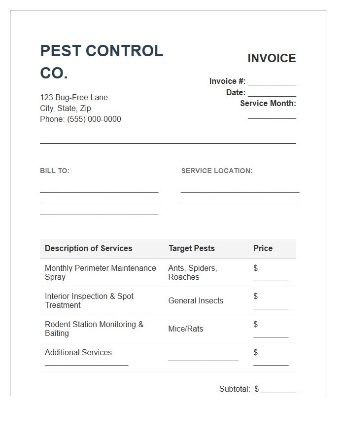 Monthly Pest Control Maintenance Invoice Template