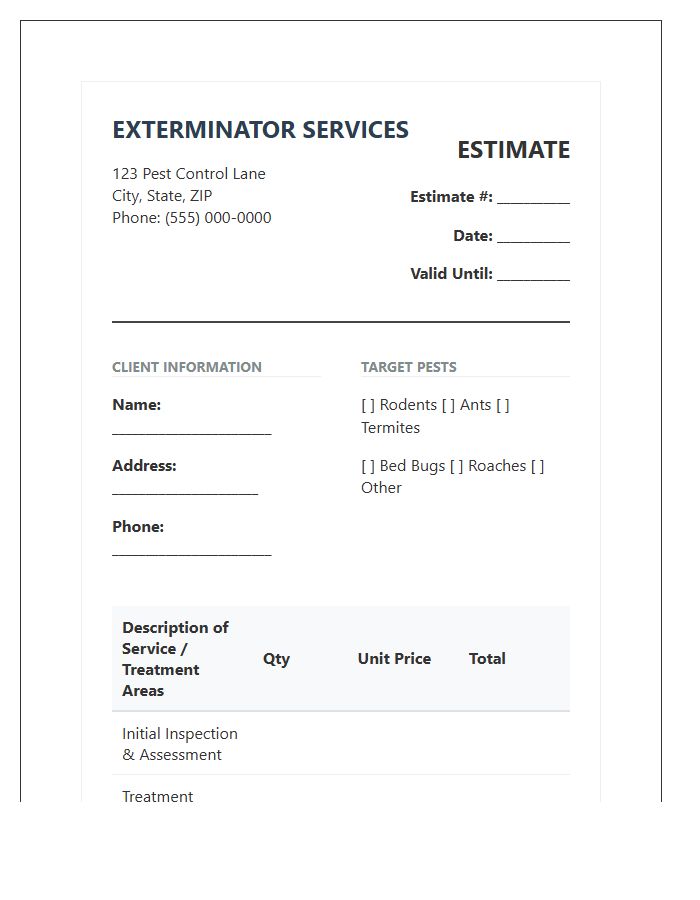 Professional Exterminator Estimate Invoice Template