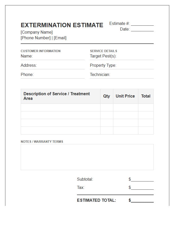 Residential Extermination Estimate Invoice Template