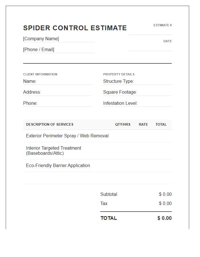 Spider Control Estimate Invoice Template