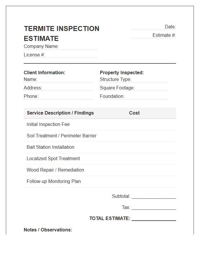 Termite Inspection Estimate Invoice Template