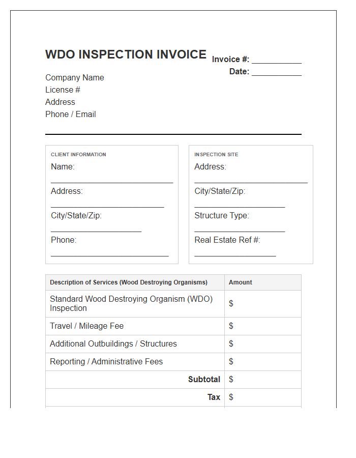 Wood Destroying Organism Inspection Invoice Template
