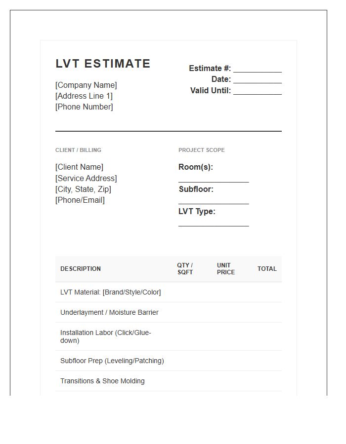 Luxury Vinyl Tile Estimate Invoice Template