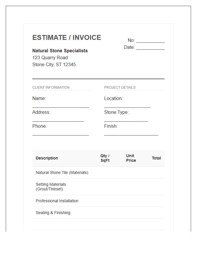 Natural Stone Tile Estimate Invoice Template