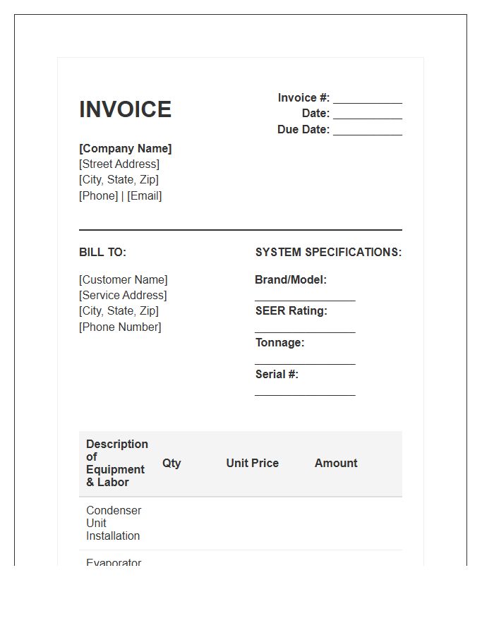 Central Air Conditioning Installation Invoice Template