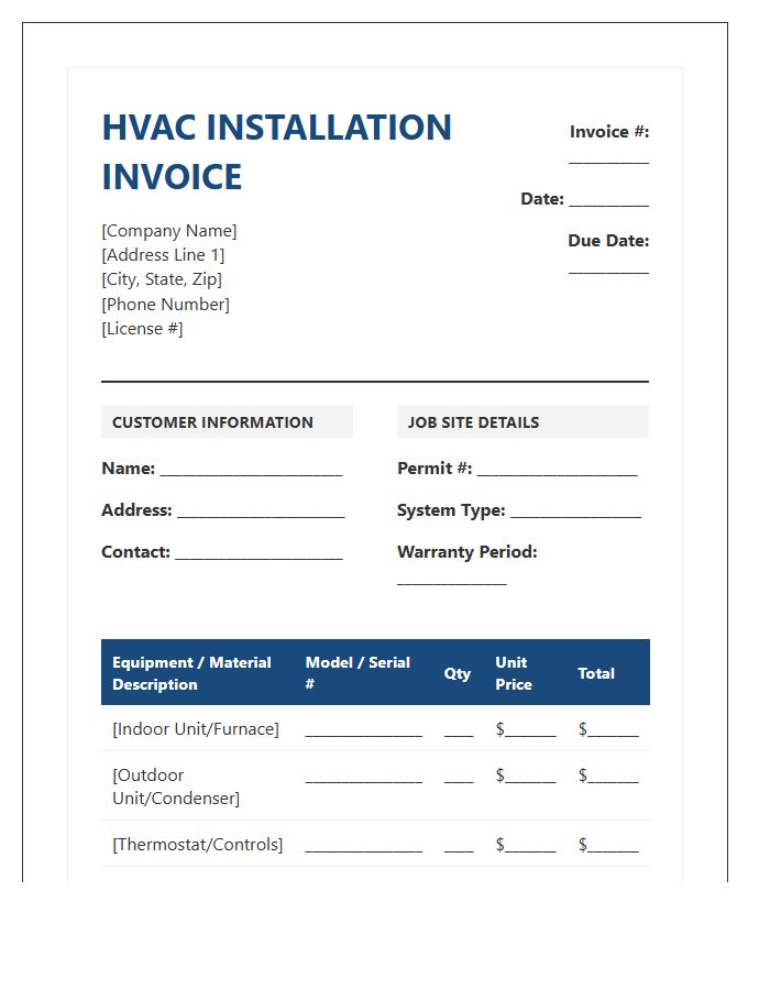 Comprehensive HVAC Installation Invoice Template