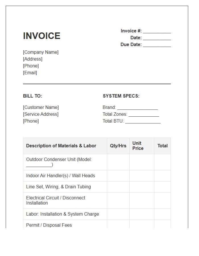 Ductless Mini Split Installation Invoice Template