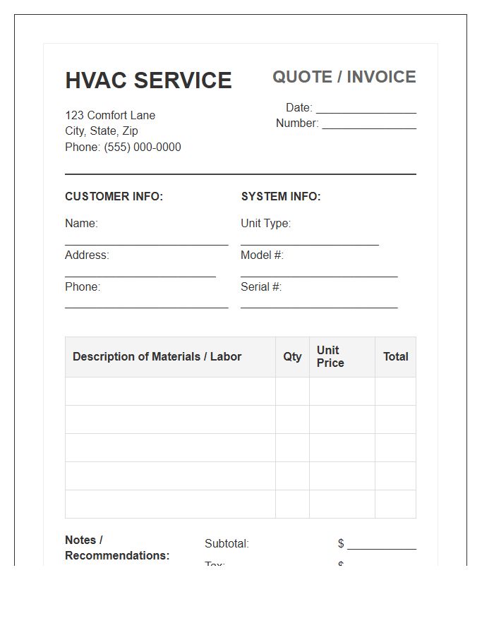HVAC Quote And Installation Invoice Template