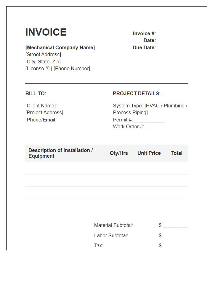 Mechanical Contractor Installation Invoice Template