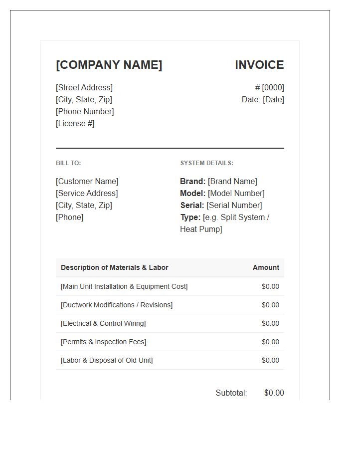 Residential HVAC Installation Invoice Template