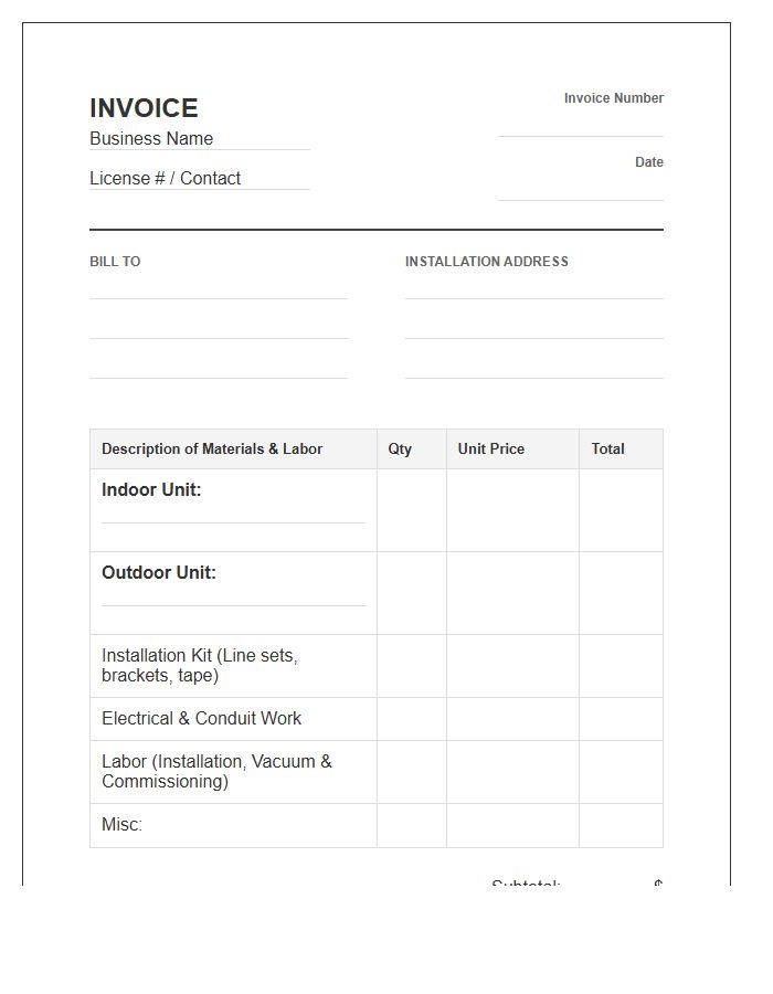 Split System Installation Invoice Template