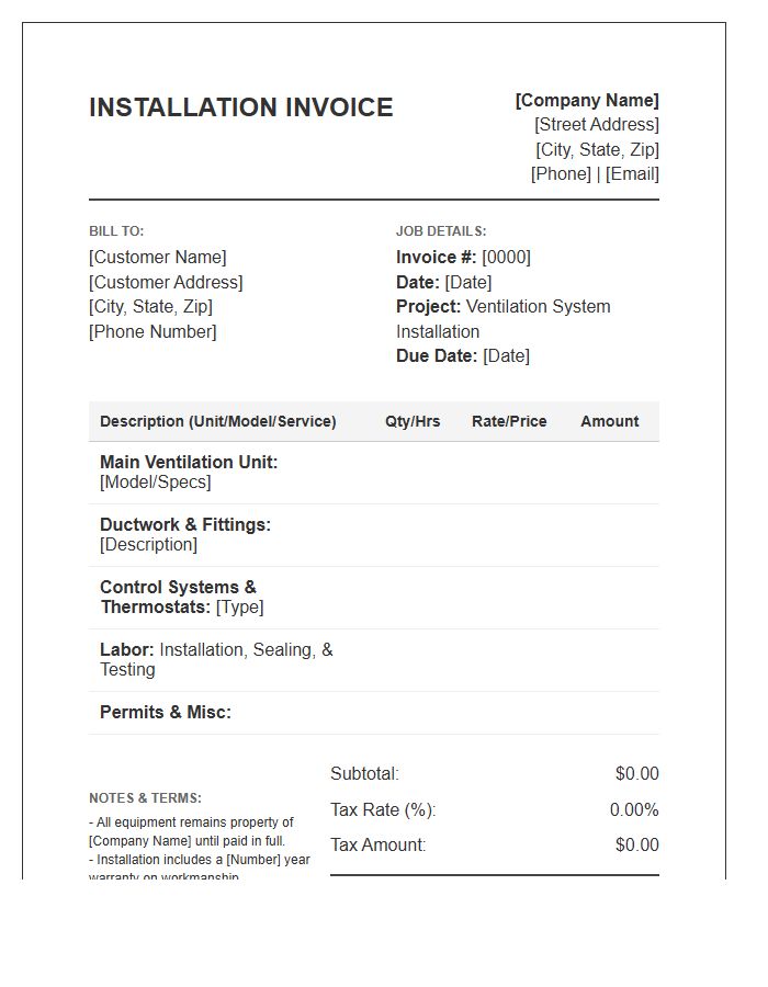 Ventilation System Installation Invoice Template