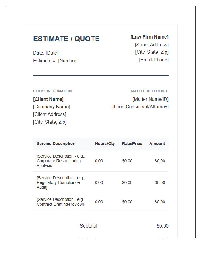 Corporate Law Consulting Estimate Invoice Template