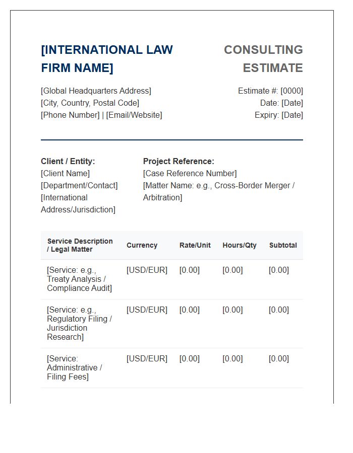International Law Consulting Estimate Invoice Template