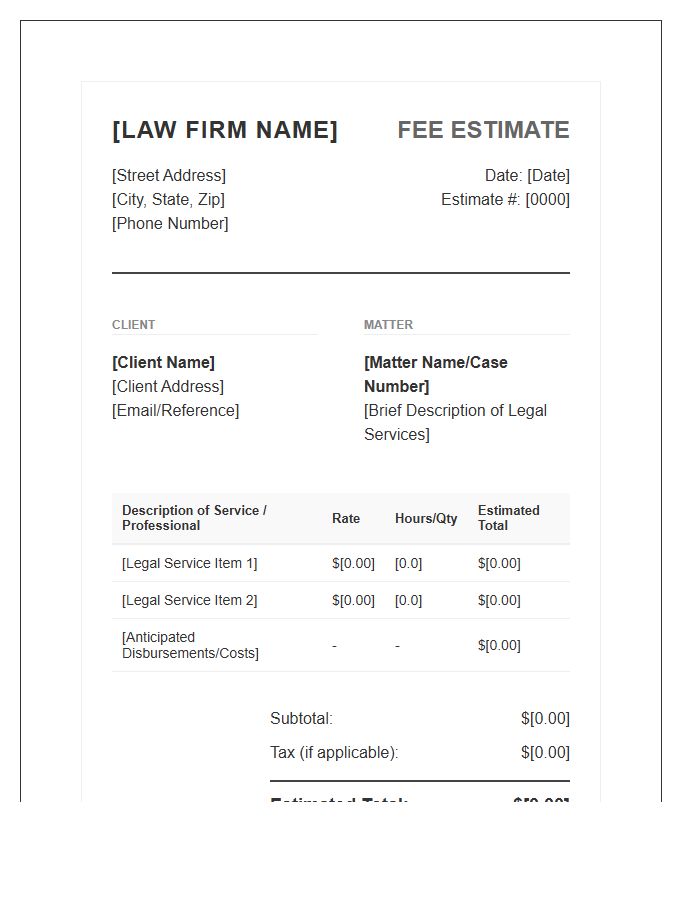 Law Firm Client Estimate Invoice Template