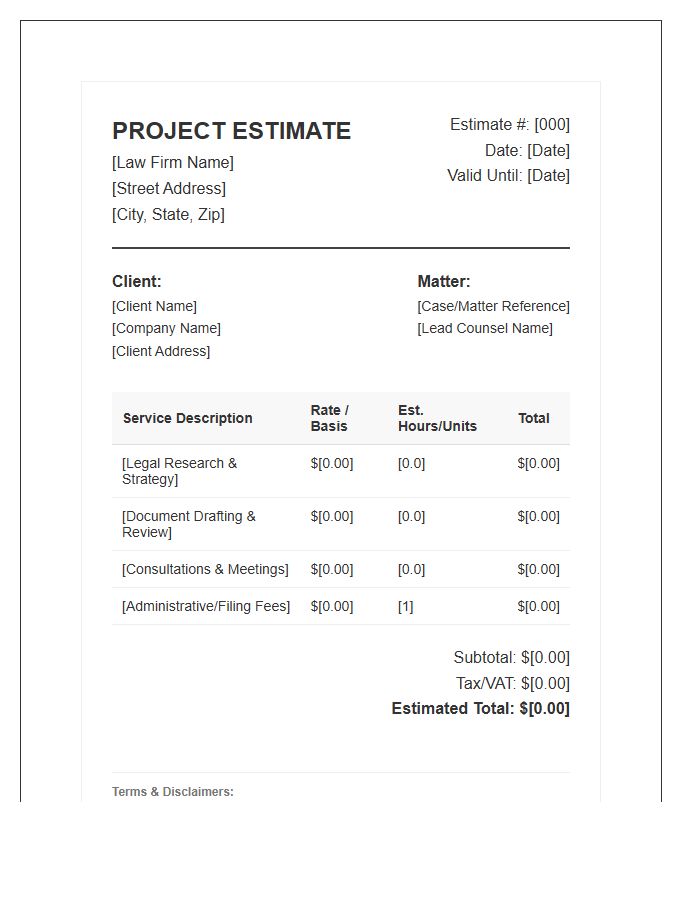 Legal Counsel Project Estimate Invoice Template
