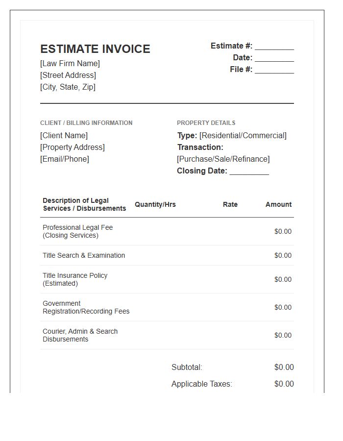 Real Estate Legal Services Estimate Invoice Template