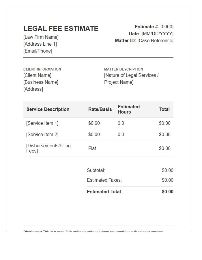 Small Business Legal Estimate Invoice Template