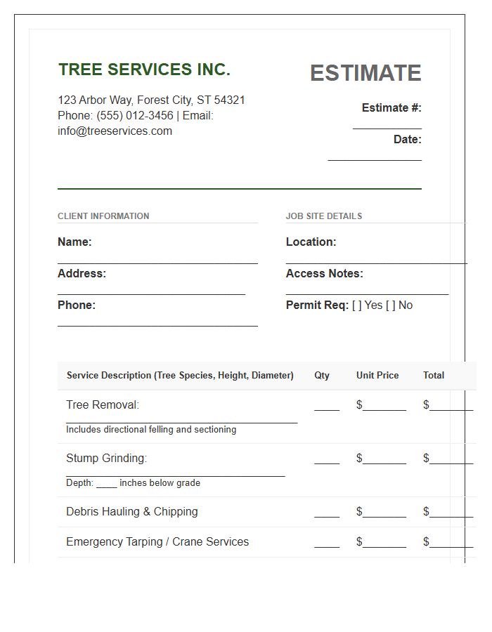 Detailed Tree Removal Estimate Invoice Template