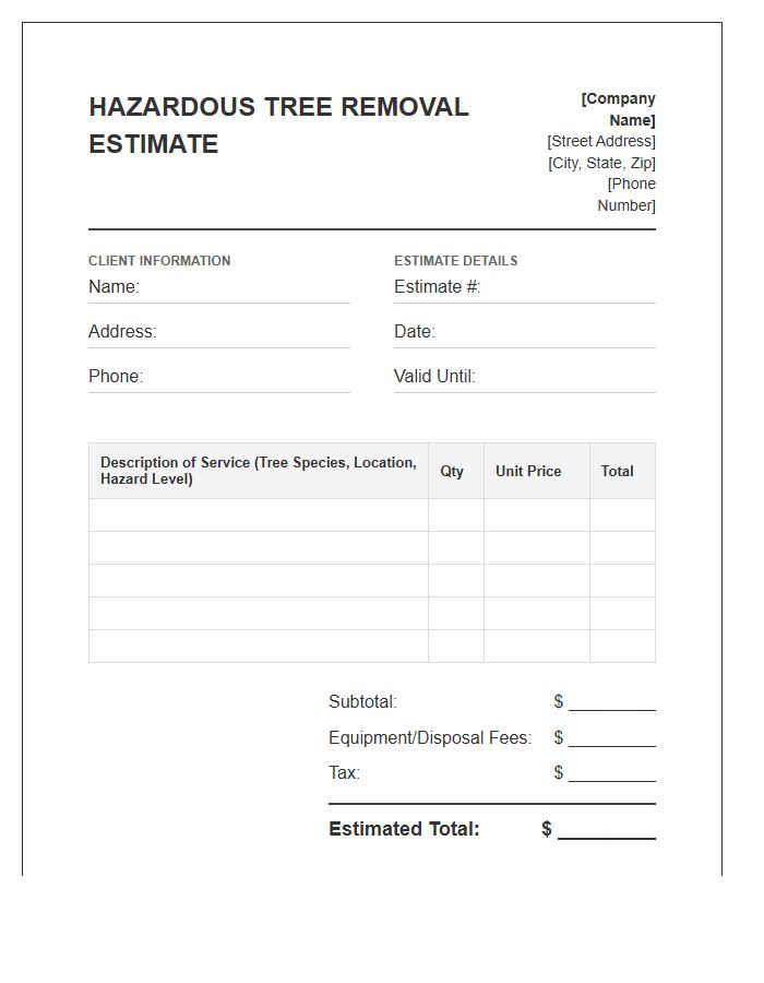 Hazardous Tree Removal Estimate Invoice Template