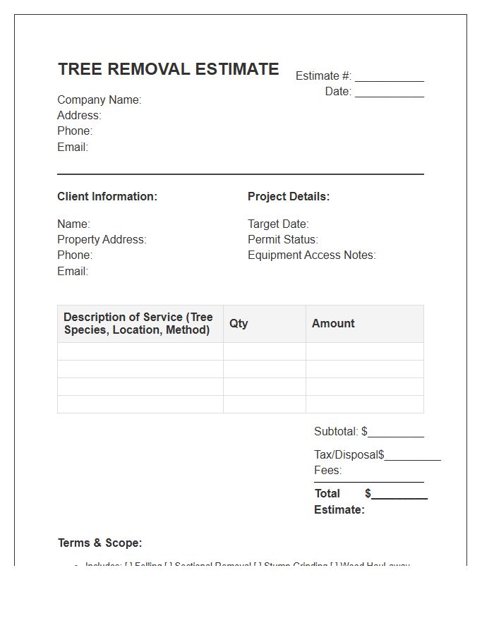 Residential Tree Removal Estimate Invoice Template